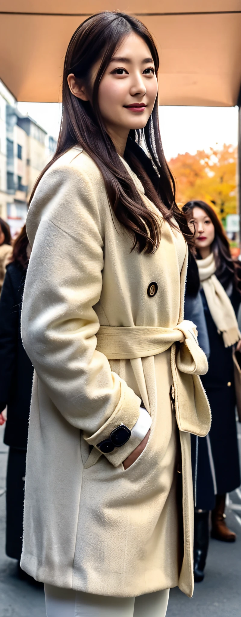 (8k, RAW photos, top quality, masterpiece: 1.2, ultra detailed, super resolution, real photos: 1.37), (Full body photo), 1 noble elegant Japanese lady, (standing contrapposte), winter season, ((black color coodinate, wearing over-size white coat, winter fluffy scarf, beige long skirt, black tights, wearing long boots)), Shiny, Smile, Looks like 1.8 meters tall, large pelvis, Large breasts, big cuvy hips, Thin waist, Long legs, skin hyper-detail, 20 years old, Perfect face, (Detailed facial features), Wavy hair, Daylight, autumn season, center of street, crowd of people,