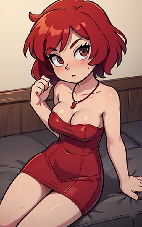 Masterpiece, best quality , nishikino maki, red hair, short hair, bob cut, black eyes, short red bodycon dress, red dress, strapless, sleeveless, sexy, sexy pose, sexual arousal, sitting pose, cleavage, necklace, elegant party, llchar