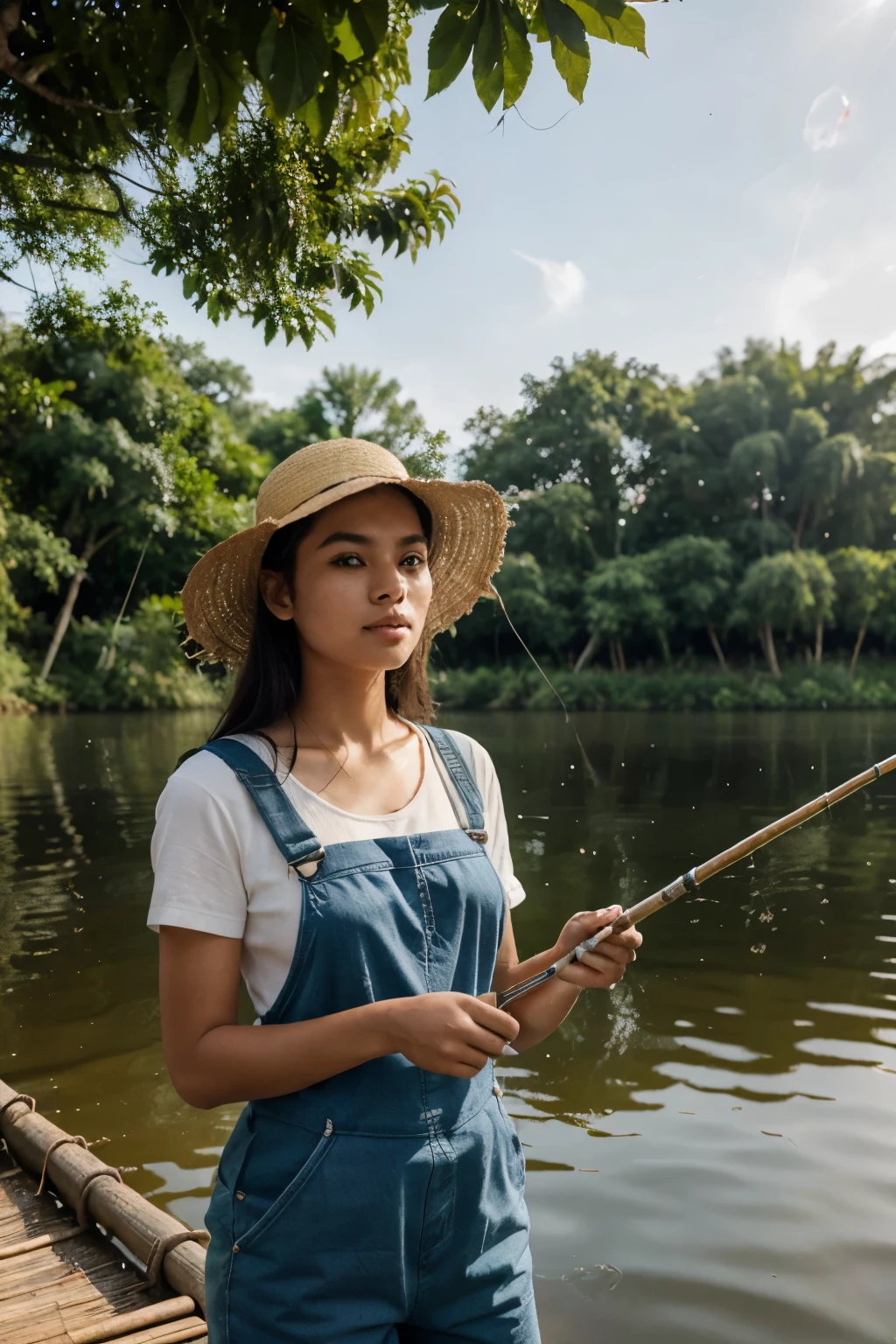 wearing dungaree Wellington boots, wearing a straw hat, fishing in the lake with a fishing rod, detailed face, photo portrait, beautiful face, holding a fishing rod in one hand, holding a bamboo bucket in the other hand, sun rising, cool breeze blowing, lotuses blooming in the lake, tall betel nut trees around the lake, high resolution, 8k, high quality