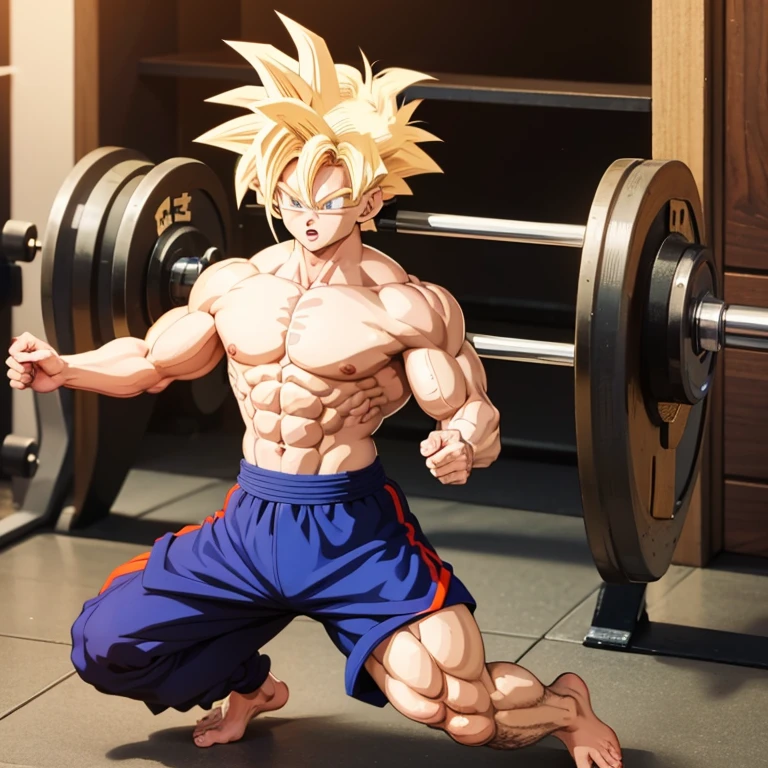 (Eine detaillierte Zeichnung von Son Goku, bodybuilding gym.), shirtless, barefoot