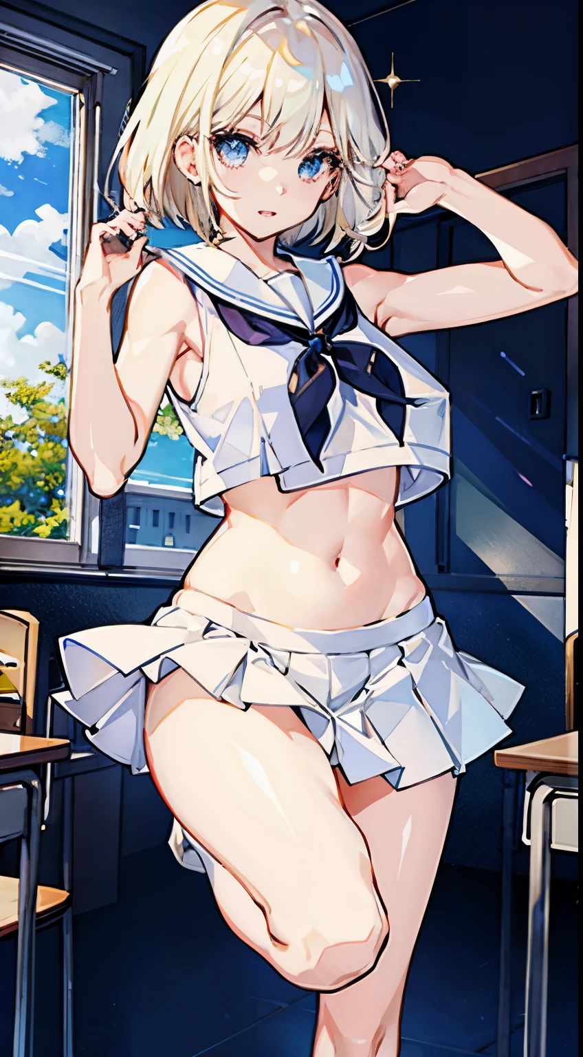 top-quality、realistic touch,high-detail、photoRealstic、thin-waist、captive beauty、big eye、solid platinum-blonde eyelashes、platinum-blonde、full body Esbian、Sparkling eyes、Flushed cheeks、Kamimei、thin-waist、Voluptuous thighs、In the classroom of the school、Navel look、She is in estrus、a sailor suit、cocky expression、Colossal tits、Super short skirt with V-line visible、Sleeveless、
