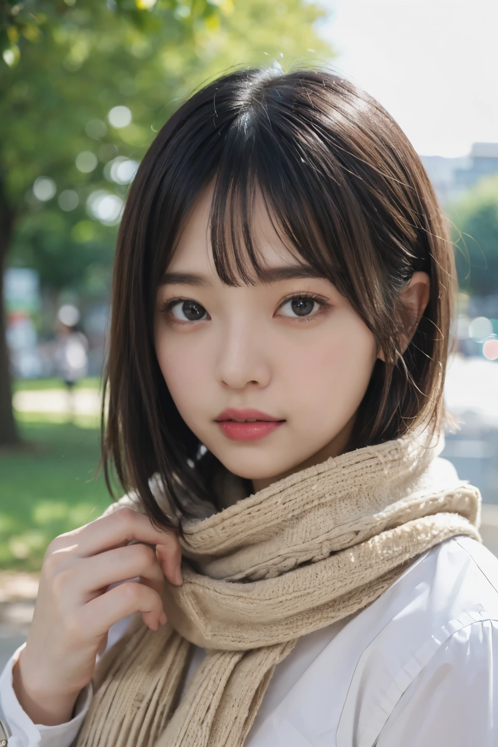((no-makeup))、(realisitic、Photorealsitic、ultra-detailliert、Highest Details Skins、top-quality、masterpiece、超A high resolution)、Cute Japan Woman、17 age、hi-school girl、younggirl、1 girl in、I have bangs、二重まぶた、purity、realisitic skin type、Thick muffler、Burberry muffler、a short bob、((Hair is inside the scarf:1.3))、Red cheeks、a park、Lighting from behind