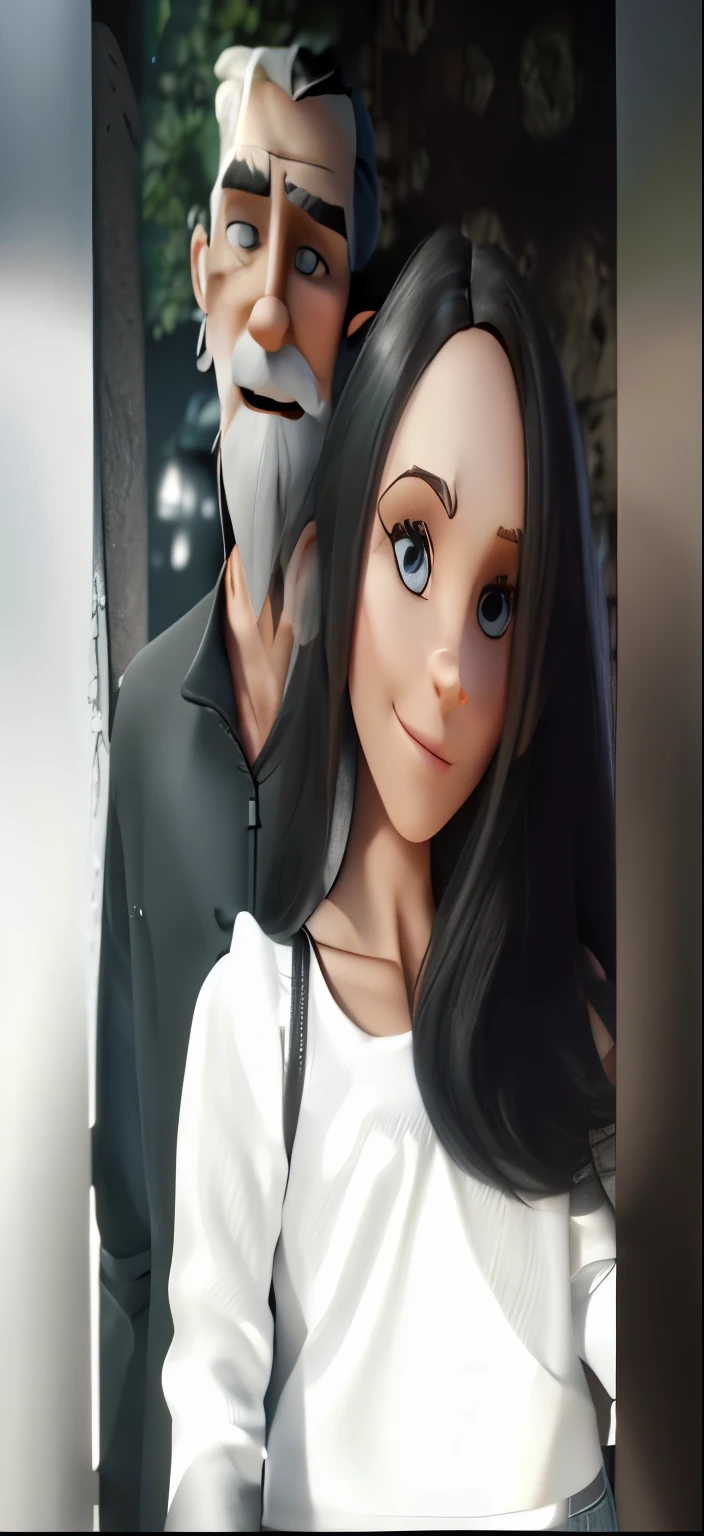 there is a man and woman posing for a picture together, the woman is white, dos cabelos pretos e olhos castanhos, and is wearing black clothing, The man is white, dos cabelos pretos, has a black beard and is wearing a black leather jacket