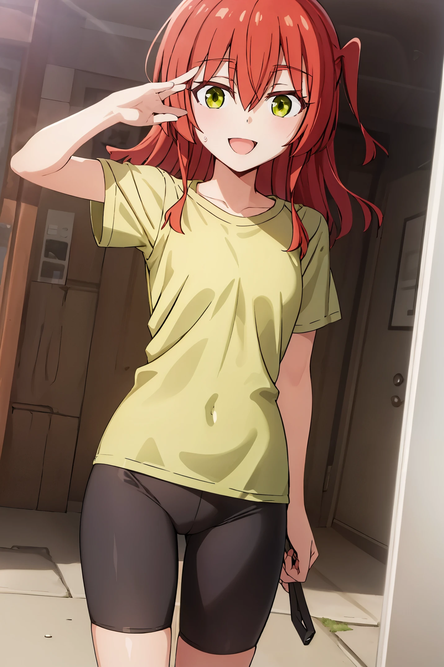 Room, 1 girl, best quality, ultra high res, long hair, red hair, green eyes, yellow shirt, short sleeves, bike shorts, looking at viewers, small breast, standing, slim body, loli body, small body, smile, open mouth,