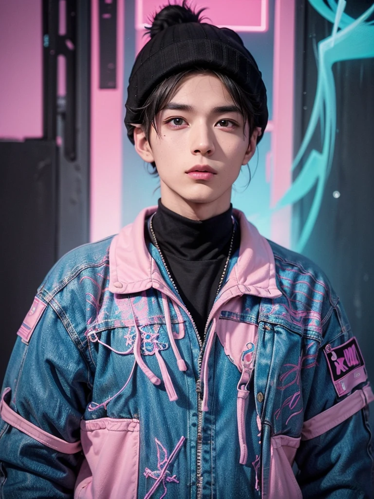 A high-quality digital artwork that encapsulates the essence of digital surrealism and glitch aesthetics. The focal point of this image is a German youth men's model with strong features, exuding the energy of a flirter actor. He is the central element in a surreal composition set in Berlin. The image, whether it be a painting, photograph, or another form, is expertly crafted with intricate details and vibrant colors that bring the viewer into a dreamlike world. The combination of glitch effects and surreal elements heightens the overall impact, creating an ethereal and thought-provoking piece of art. (((May it shine brightly in neon pink and turquoise, creando un aura de magia y misterio)))(((Urban ninja illustration with vaporwave style. Imagina un ninja moderno, dressed in tactical urban style clothing, pero con un toque vaporwave. The scene should have vibrant colors and elements characteristic of the vaporwave style.