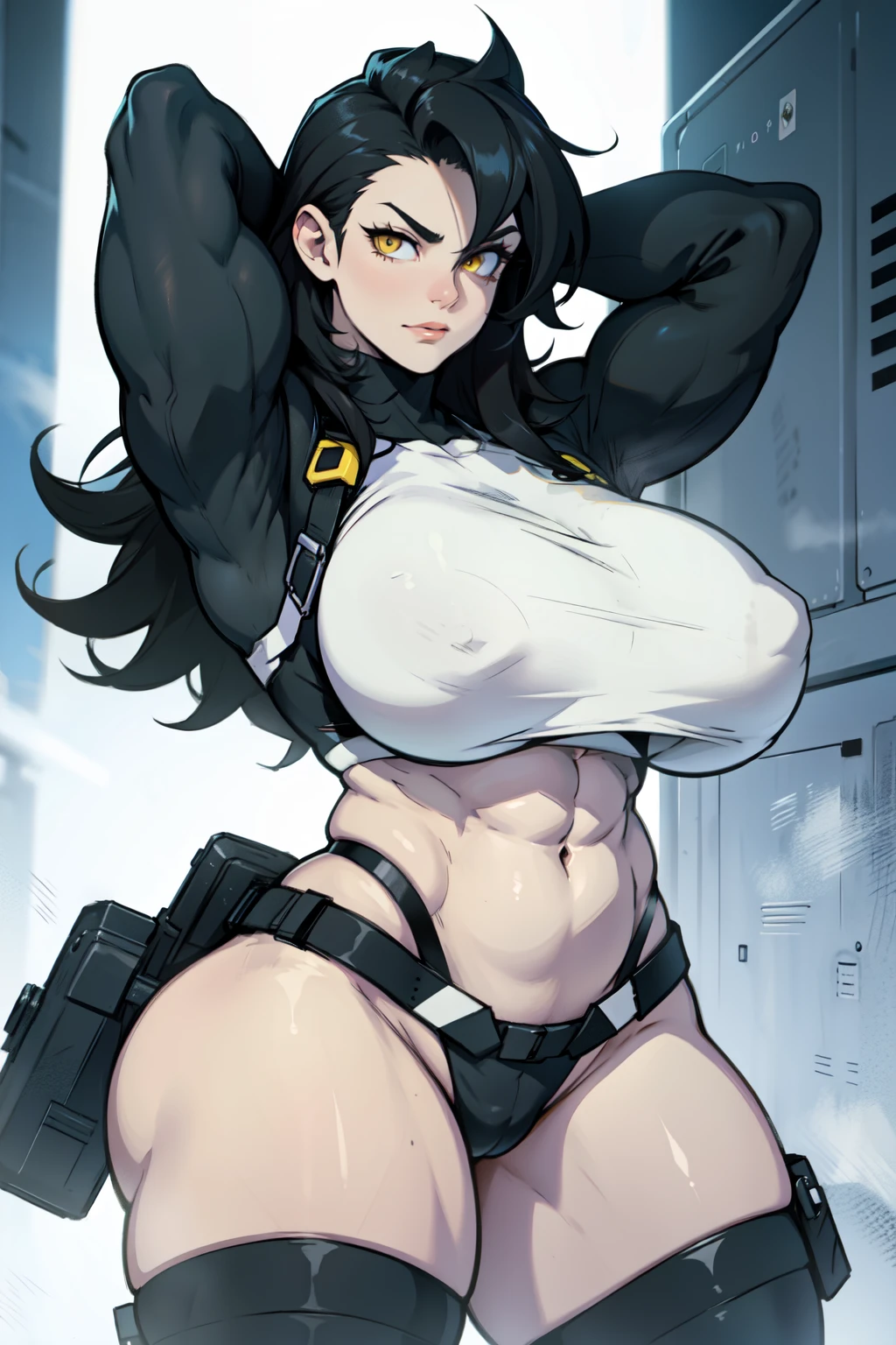 solo muscular thick thighs huge breasts black hair yellow eyes pale skin