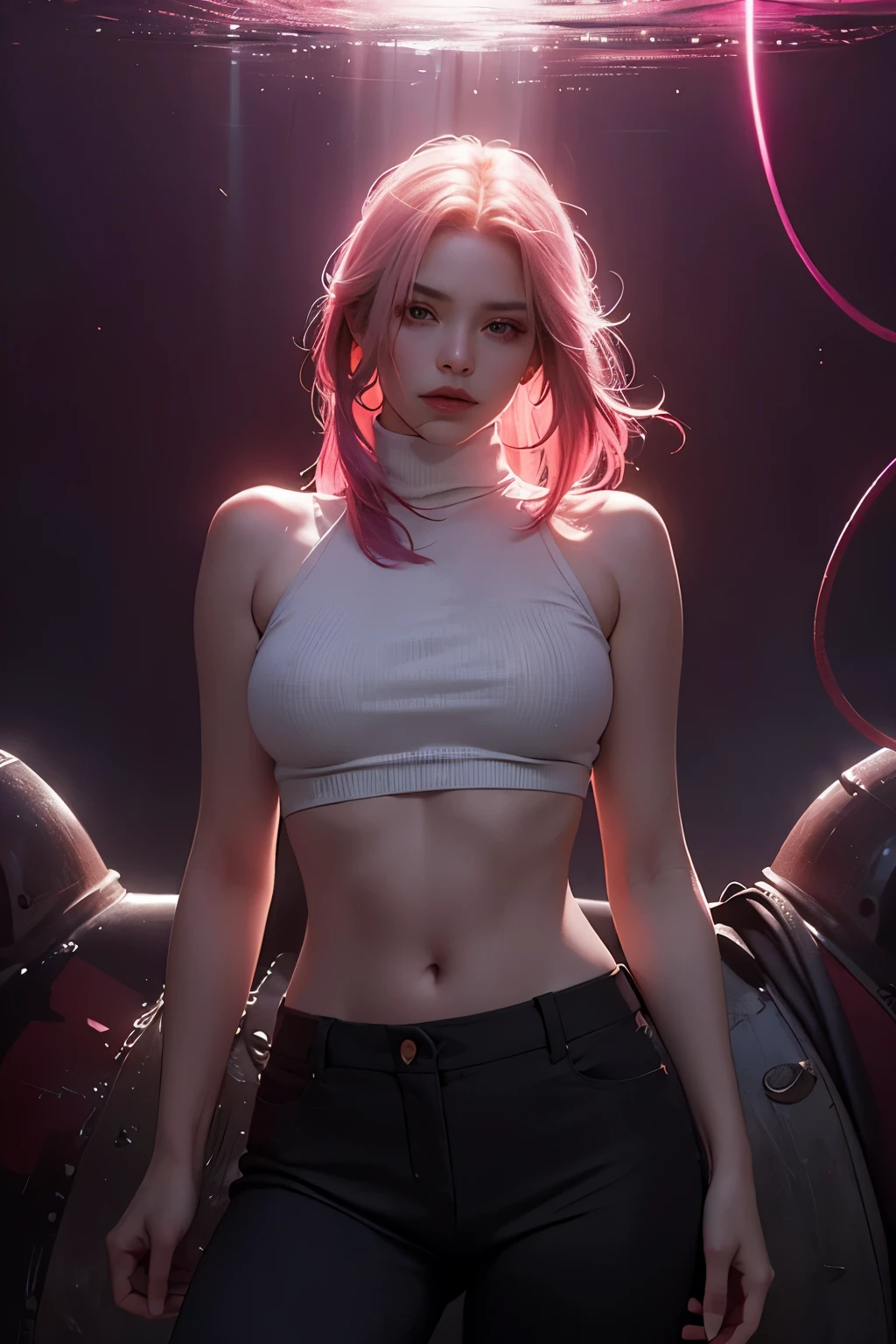enigmatic atmosphere, atmospheric, ethereal quality,realistic,beautiful and aesthetic,
solo,groin,Pink turtleneck, brown pants,(nsfw:0.85),
Democracy,
power station,
(Glowing ambiance, enchanting radiance, luminous lighting, ethereal atmosphere, mesmerizing glow, evocative hues, captivating coloration, dramatic lighting, enchanting aura),