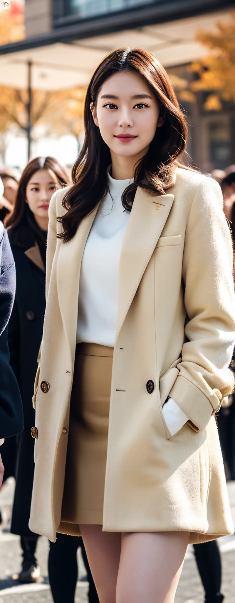 (8k, RAW photos, top quality, masterpiece: 1.2, ultra detailed, super resolution, real photos: 1.37), (Full body photo), 1 noble elegant Japanese lady, (standing contrapposte), winter season, ((black color coodinate, wearing over-size white coat, winter fluffy skarf, beige long skirt, black tights, wearing long boots)), Shiny, Smile, Looks like 1.8 meters tall, large pelvis, Large breasts, big cuvy hips, Thin waist, Long legs, skin hyper-detail, 20 years old, Perfect face, (Detailed facial features), Wavy hair, Daylight, autumn season, center of street, crowd of people,