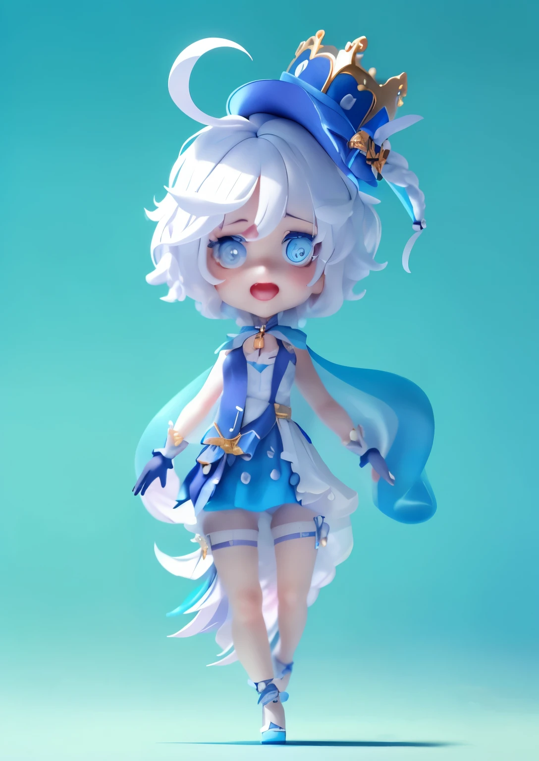 A cute girl,Short gray hair,The hair is a little blue,With two long braids,Heterochromatic pupil,One eye light blue,one eye dark blue,Wearing a dark blue dress,light blue shirt,Light blue shorts,Wearing a hat that looks like a crown,There is a ribbon on the body,Bow knot,Jewelry accessories,Small dark blue leather shoelack leg rings,There is a dress train at the back,black and white gloves,with her mouth open,Dull hair