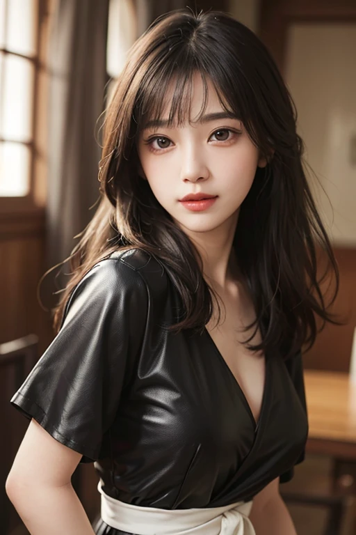 masterpiece、The highest image quality、hightquality、Beautuful Women、japanes、Popular Korean Makeup、detaileds、Swollen eyes、detailedsな目、detailedsな皮膚、Beautiful skins、超hight resolution、(现实:1.4)、very extremely beautiful、Slightly younger face、Beautiful skins、Thin、(A hyper-realistic)、(illustratio)、(hight resolution)、(8K)、(非常にdetaileds)(The best illustrationeautifully detailed eyes)、(超detaileds)、(wall-)、(detaileds顔)、ビューアのdetailedsを見る、 detailedsな顔、pureerosfaceace_v1、A smile、Looking straight ahead、Looks straight from the waist up、photos realistic、Bright lighting、profetional lighting、A dark-haired(Part of the hair is green)、length hair、Black Leather Gothic Dress、a matural female、long stylish bangs、