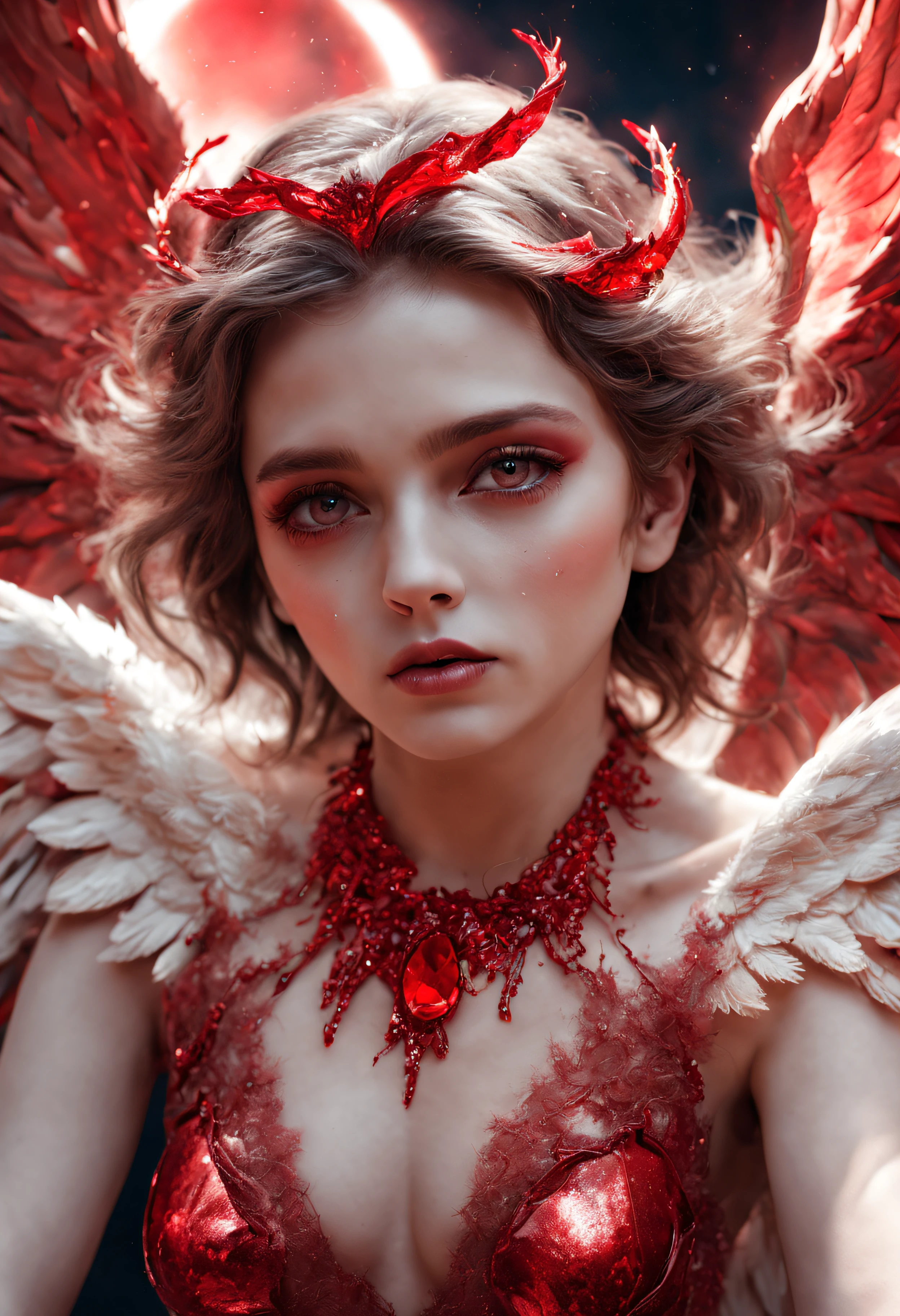 8k, Detalhes altos, high resolution, maximum quality, High Definition RAW color photos, fotografia profissional, Fallen Cosmic Angel, anjo bonito, with red tears, com asas grandes, dois olhos brilhantes muito vermelhos, estranho, assustador