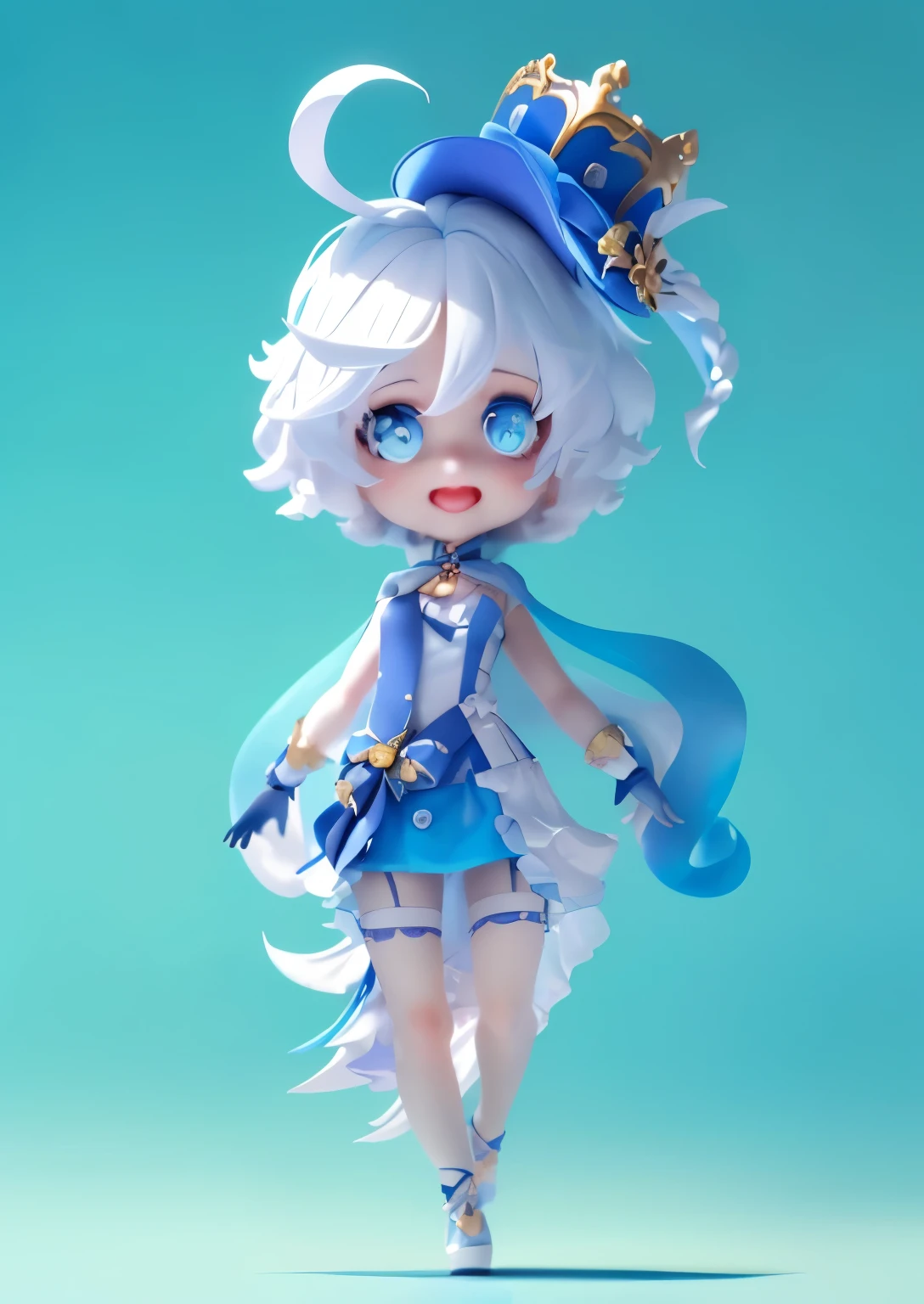 A cute girl,Short gray hair,The hair is a little blue,With two long braids,Heterochromatic pupil,One eye light blue,one eye dark blue,Wearing a dark blue dress,light blue shirt,Light blue shorts,Wearing a hat that looks like a crown,There is a ribbon on the body,Bow knot,Jewelry accessories,Small dark blue leather shoelack leg rings,There is a dress train at the back,black and white gloves,with her mouth open,Dull hair