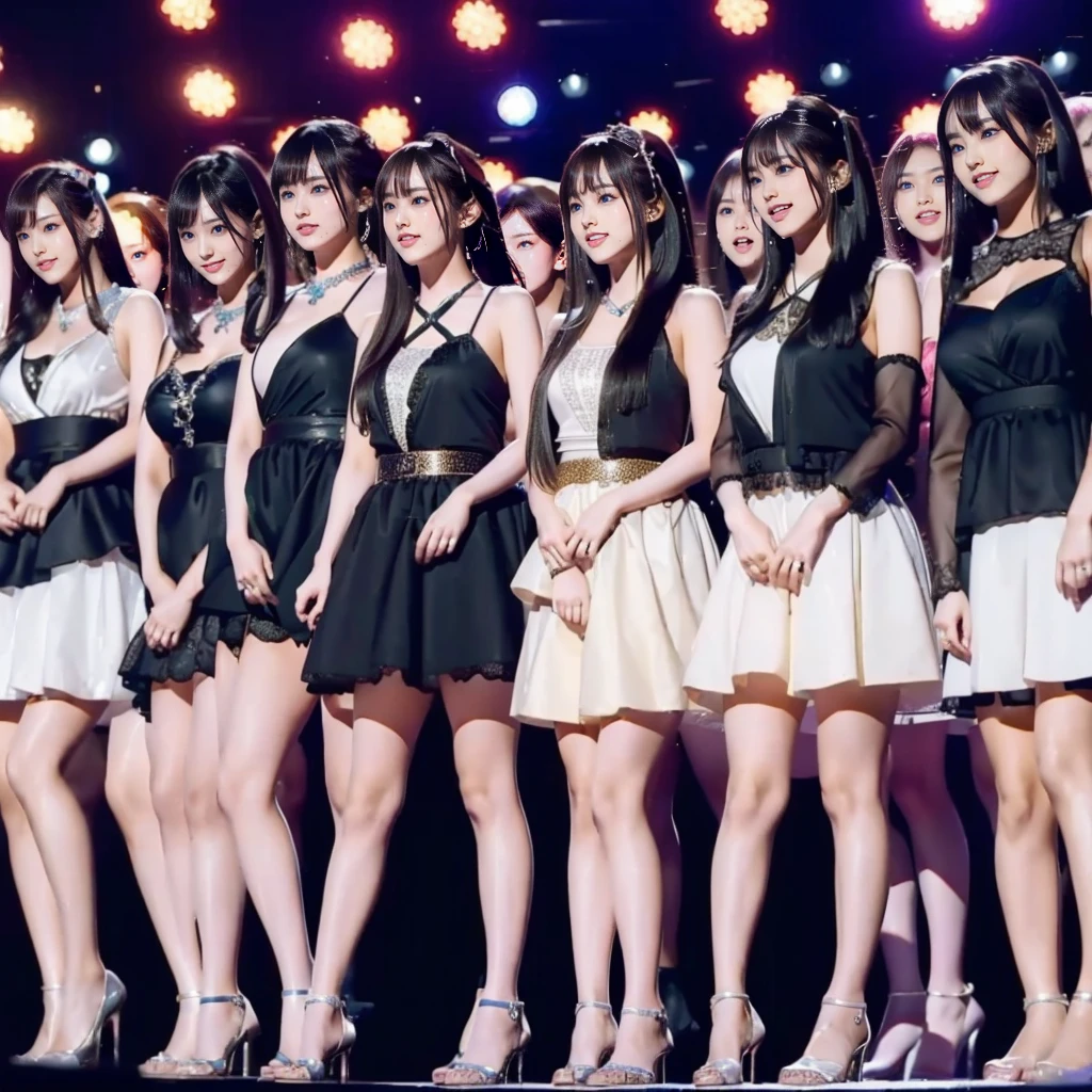 Raw photo、(((multiple girls))),((((6+girls)))),Women only、10 idols singing on stage、12 years old,japanes、((Same height))、The same face,((A dark-haired)),Longhaire