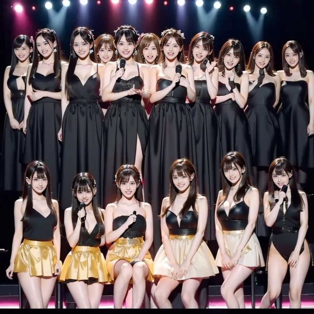 Raw photo、(((multiple girls))),((((6+girls)))),Women only、10 idols singing on stage、12 years old,japanes、((Same height))、The same face,((A dark-haired)),Longhaire