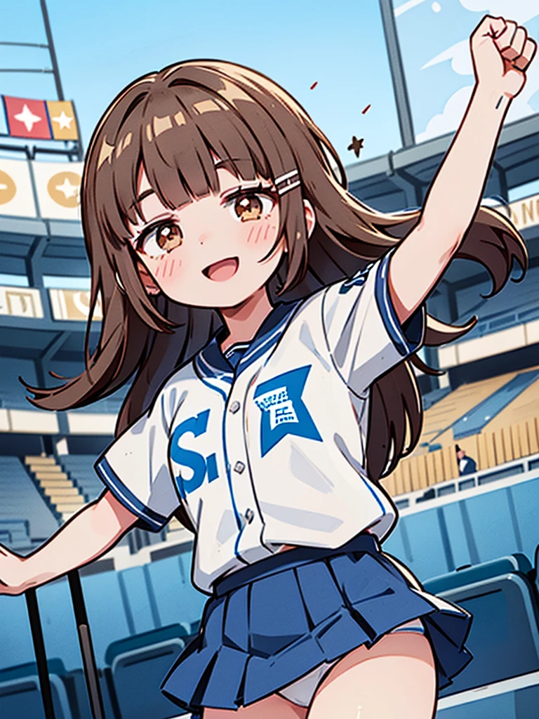 1girl, (solo), (white dot panties),
((Blunt bangs)), brown hair, brown eyes, long straight hair, ((silver-star-hairpin on her right bang)), blue baseball uniform, Left Wing Seats at the baseball stadium, with flag, cheering, full house, huge smile, (punch),
masutepiece, ultra-detailliert, best quality,