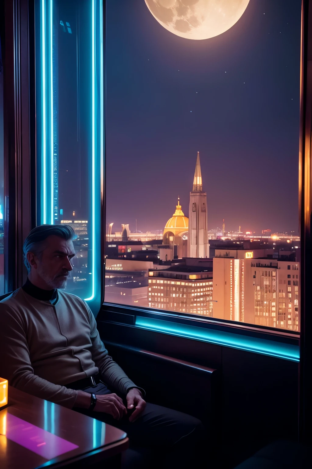 4k image from a 1960s science fiction film by Wes Anderson, Filme O Grande Hotel Budapeste, pastels colors, an big city with neon colors, at night through a window, big city retro futuristic neon, blade runner style, Retro-futuristic from the 60s with old robots, Luz Natural, Psicodelia, futurista estranho, retro-futurista, photo-realistic, Sharp background details, solitude, sadness, lonely man. big moon