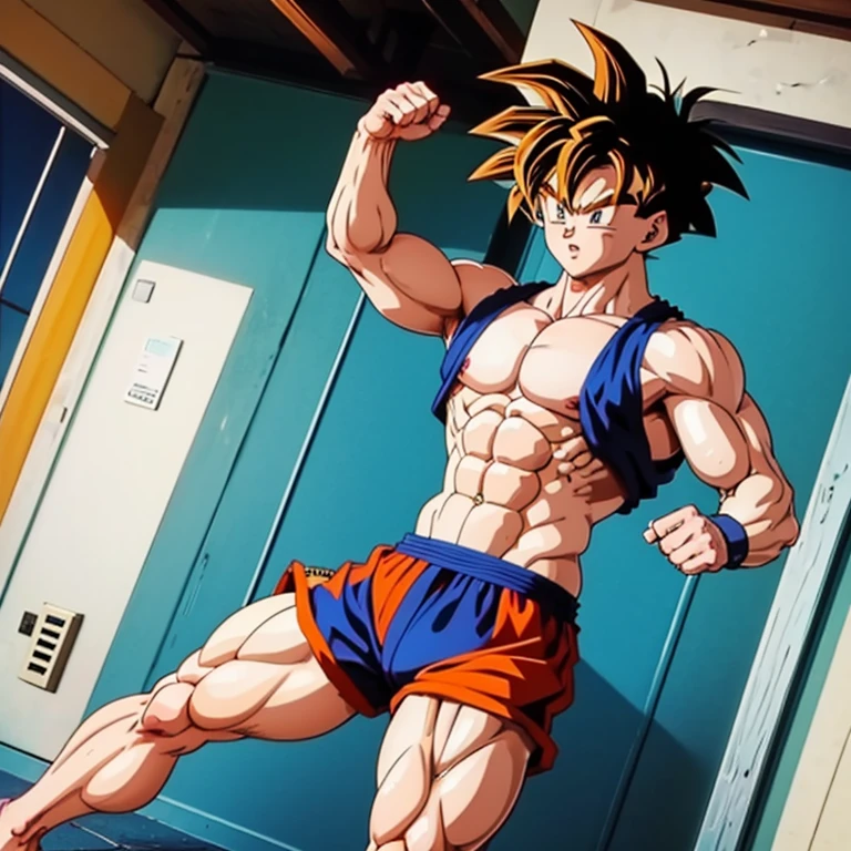 (Eine detaillierte Zeichnung von Son Goku, bodybuilding gym.), shirtless, barefoot