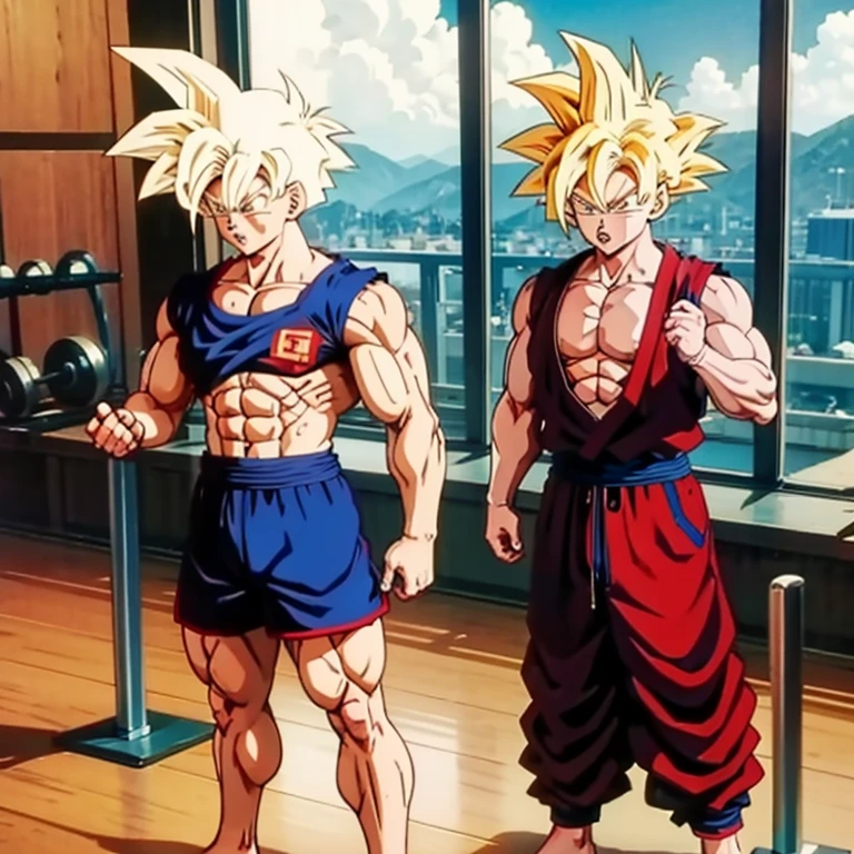 (Eine detaillierte Zeichnung von Son Goku, bodybuilding gym.), shirtless, barefoot