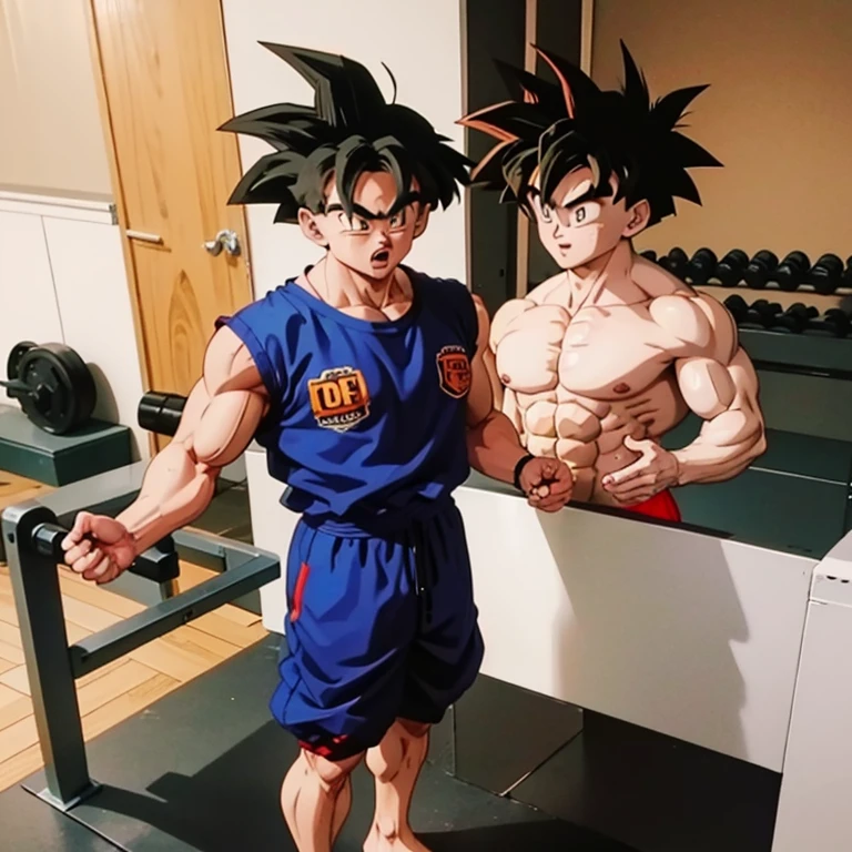 (Eine detaillierte Zeichnung von Son Goku, bodybuilding gym.), shirtless, barefoot