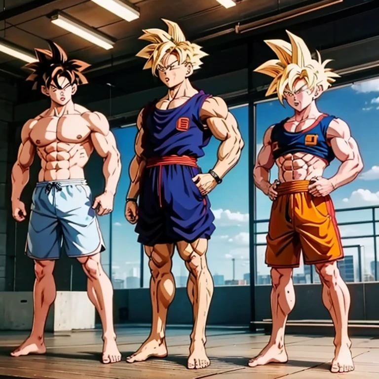 (Eine detaillierte Zeichnung von Son Goku, bodybuilding gym.), shirtless, barefoot