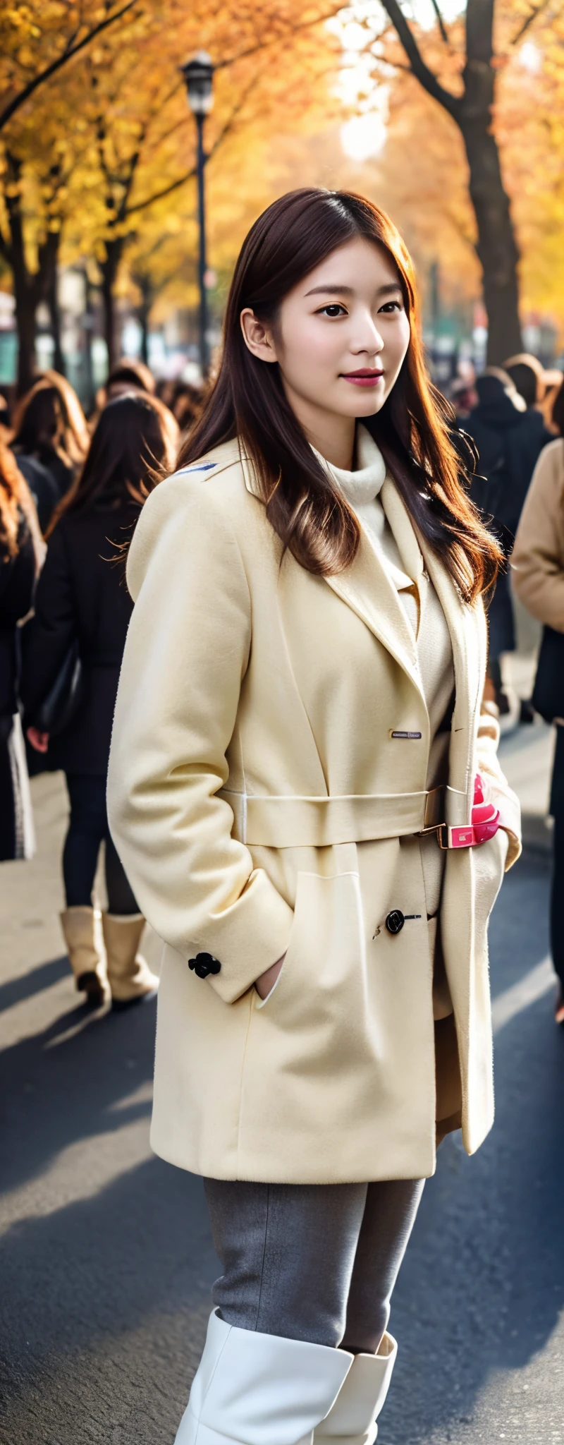 (8k, RAW photos, top quality, masterpiece: 1.2, ultra detailed, super resolution, real photos: 1.37), (Full body photo), 1 noble elegant Japanese lady, (standing contrapposte), winter season, ((black color coodinate, wearing over-size white coat, winter fluffy scarf, beige long skirt, black tights, wearing long boots)), Shiny, Smile, Looks like 1.8 meters tall, large pelvis, Large breasts, big cuvy hips, Thin waist, Long legs, skin hyper-detail, 20 years old, Perfect face, (Detailed facial features), Wavy hair, Daylight, autumn season, center of street, crowd of people,