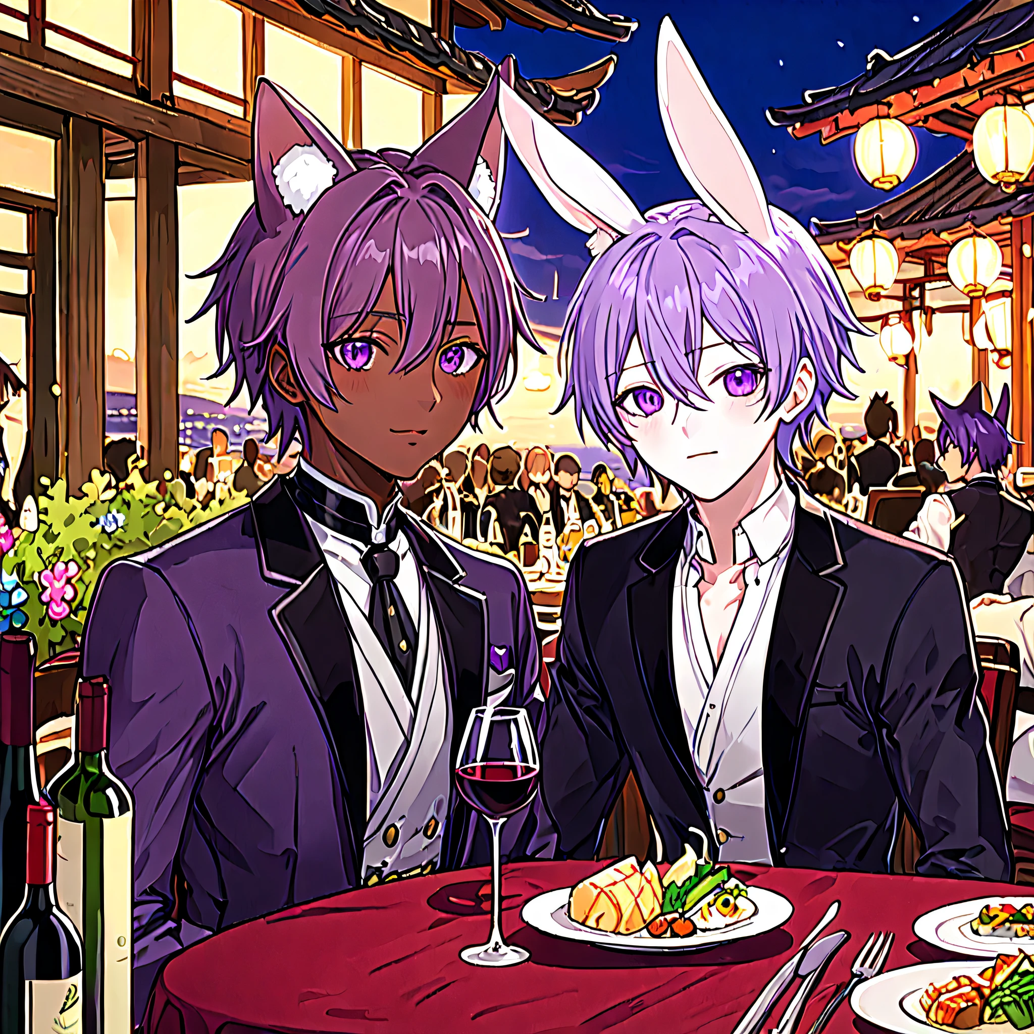 ((1man, short lavender hair, cat-ears, dark skin, cat-like purple eyes)). (1man, (long wine hair, white skin), rabbit-ears, and green eyes). Both are dressed in formal Japanese attire, two friends enjoying a having a joyful evening banquet with a view of the sea in the (city of Kugane from Final Fantasy 14). best quality, masterpiece, ultra-detailed, 8k.