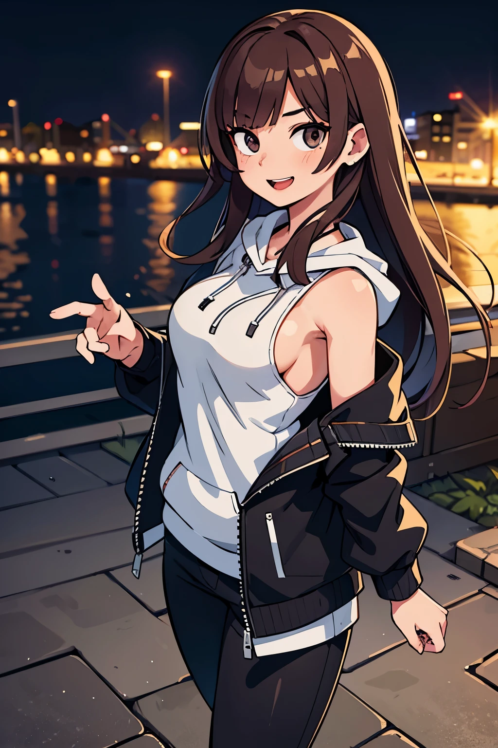 (skin blemish:1.2), (skindentation), black eye, 1woman, 25yo, (((woman))), solo, realistic, best quality, photorealistic, masterpiece, 8k, high res, solo, extremely detailed face, (professional lighting, bokeh), (light particles, lens flare, glowing particles:0.6), (dynamic pose:1.2), soft lighting, top angle view, fashionable and trendy atmosphere, japan, (street:1), tokyo, (city), river, ((nighttime)), sky, ((looking at the viewer:1)), (looking at the camera),(portrait:0.6), cowboy shot, gorgeous, walking, keep original facial proportion, wide shoulder, full body, (medium breast), (long hair), brown hair, floating hair, lips, lipstick, seductive smile, floating hair, (smile), (open_mouth), teeth, eye ring, hoodie, hood, ma1 jacket, hood coat, mole, (mole under eye:1)