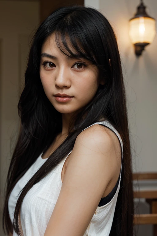 asian girl with orange eyes looking front with black long hair