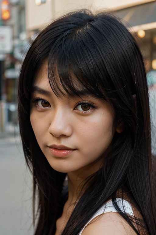 asian girl with orange eyes looking front with black long hair