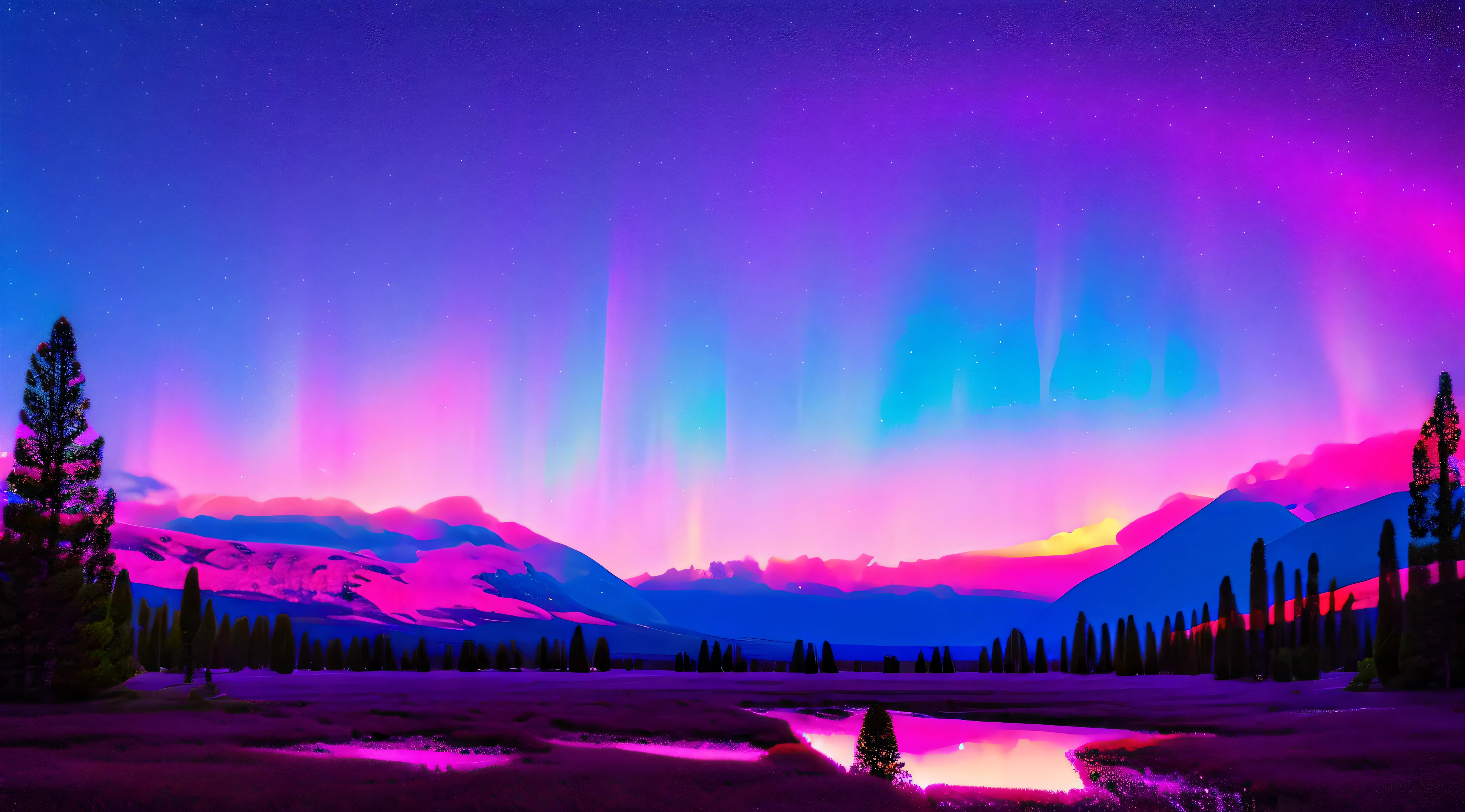 Red, Purple and blue gradient northern lights,snow mountains,natta,starrysky,butterflys