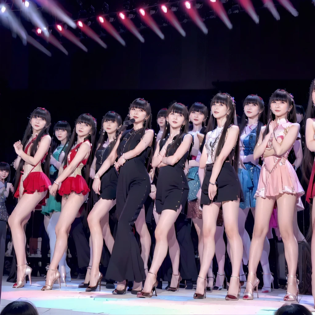 Raw photo、(((multiple girls))),((((6+girls)))),Women only、100 idols singing and dancing on stage、************,japanes、((Same height))、The same face,((A dark-haired)),Longhaire