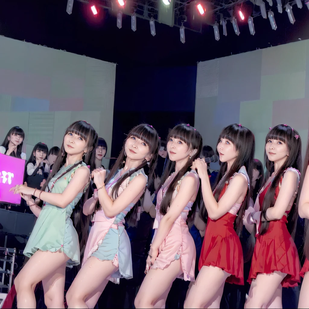 Raw photo、(((multiple girls))),((((6+girls)))),Women only、100 idols singing and dancing on stage、************,japanes、((Same height))、The same face,((A dark-haired)),Longhaire