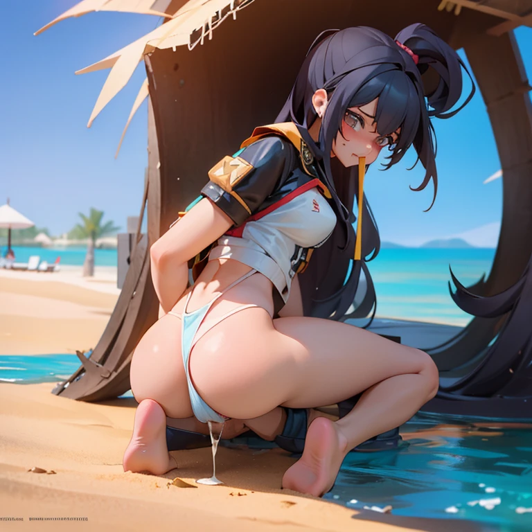 A 20 year old black girl is in a sexual situation. Have two guys having three way sex with her with one man penetrating her mouth and the other man penetrating her ass. Make her seem very pleasured and happy to where he makes a crazy face. Have the men have big, 9 inch penises. Put them in a beach environment. Give the girl a big glistening butt. Have the men ejaculate all over her body on top of that to where the girl is coated in male semen.