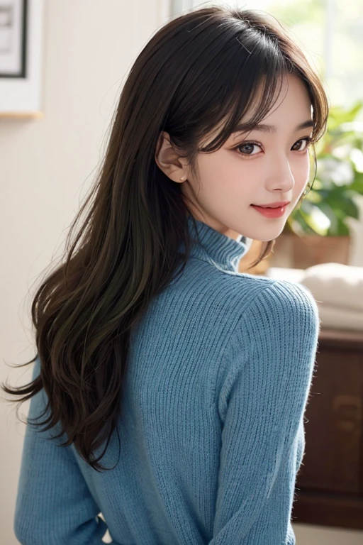 masterpiece、The highest image quality、hightquality、Beautuful Women、japanes、Popular Korean Makeup、detaileds、Swollen eyes、detailedsな目、detailedsな皮膚、Beautiful skins、超hight resolution、(现实:1.4)、very extremely beautiful、Slightly younger face、Beautiful skins、Thin、(A hyper-realistic)、(illustratio)、(hight resolution)、(8K)、(非常にdetaileds)(The best illustrationeautifully detailed eyes)、(超detaileds)、(wall-)、(detaileds顔)、ビューアのdetailedsを見る、 detailedsな顔、pureerosfaceace_v1、A smile、Looking straight ahead、Looks straight from the waist up、photos realistic、Bright lighting、profetional lighting、A dark-haired(Part of the hair is green)、length hair、black turtleneck sweater dress、fishnet tights、a matural female、long stylish bangs、