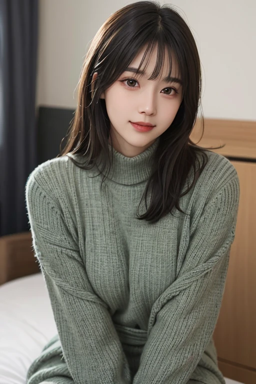 masterpiece、The highest image quality、hightquality、Beautuful Women、japanes、Popular Korean Makeup、detaileds、Swollen eyes、detailedsな目、detailedsな皮膚、Beautiful skins、超hight resolution、(现实:1.4)、very extremely beautiful、Slightly younger face、Beautiful skins、Thin、(A hyper-realistic)、(illustratio)、(hight resolution)、(8K)、(非常にdetaileds)(The best illustrationeautifully detailed eyes)、(超detaileds)、(wall-)、(detaileds顔)、ビューアのdetailedsを見る、 detailedsな顔、pureerosfaceace_v1、A smile、Looking straight ahead、Looks straight from the waist up、photos realistic、Bright lighting、profetional lighting、A dark-haired(Part of the hair is green)、length hair、black turtleneck sweater dress、fishnet tights、a matural female、long stylish bangs、