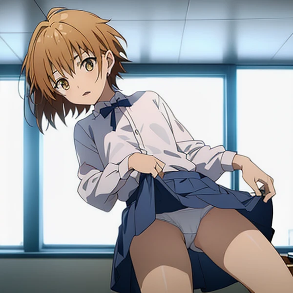 、Teary-eyed、skirt by the、pantyshot、Wnaughty underwear、Underwear that bites、short-hair、full body Esbian、ligh brown hair、(masutepiece, Best Quality)、 Shiny skin、