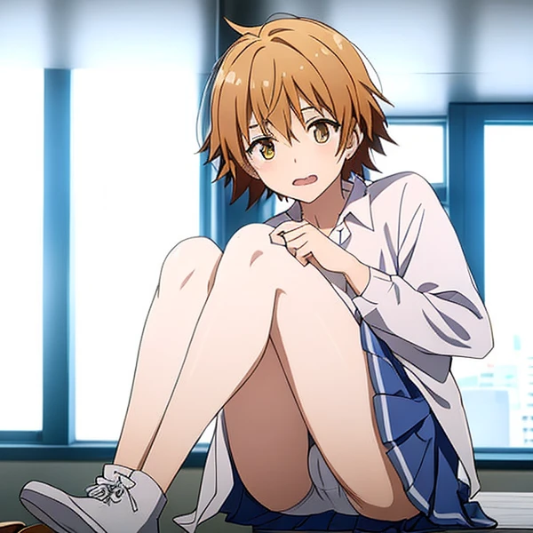 、Teary-eyed、skirt by the、pantyshot、White naughty underwear、Underwear that bites、short-hair、full body Esbian、ligh brown hair、(masutepiece, Best Quality)、 Shiny skin、