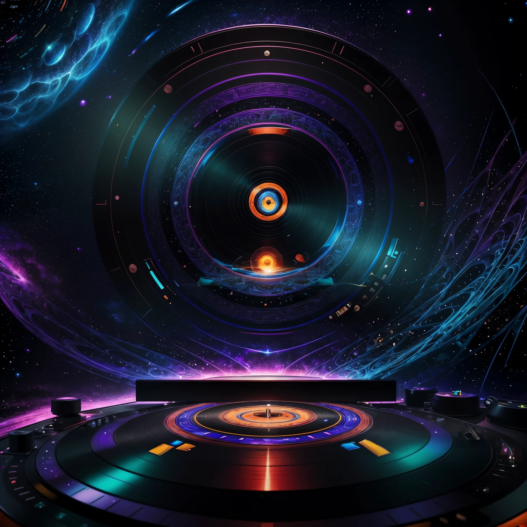 (centered in frame ,High resolution, incredibly detailed, masterpiece ilustration), portrait Abstract  entity  DJ playing vinyl records with turntable, featuring fractal geometry in (vibrant colors:0.8), set against a (galactic background:1.2), bringing together complex, mesmerizing shapes and patterns.dmt .