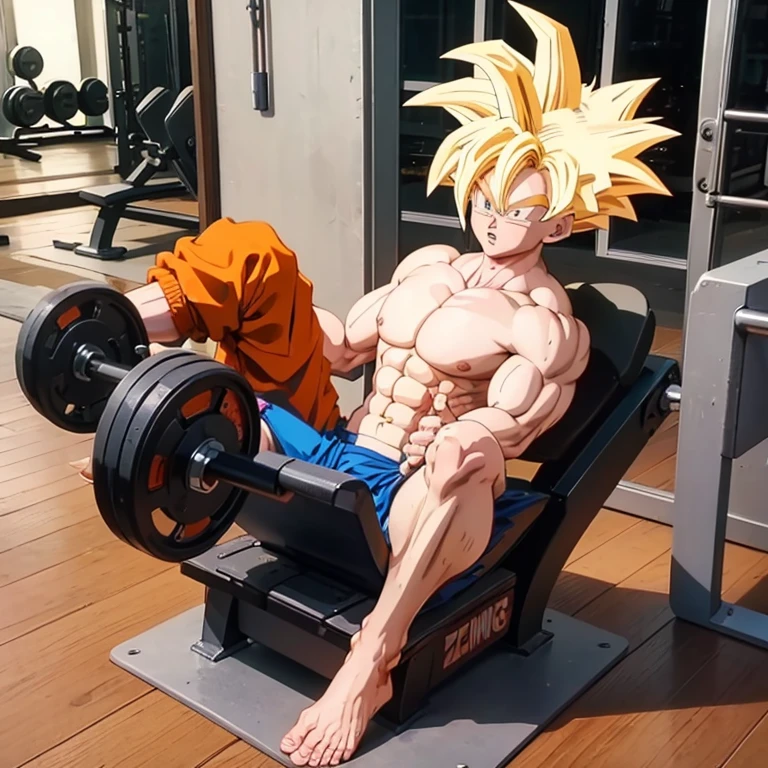 (Eine detaillierte Zeichnung von Son Goku, bodybuilding gym.), shirtless, barefoot
