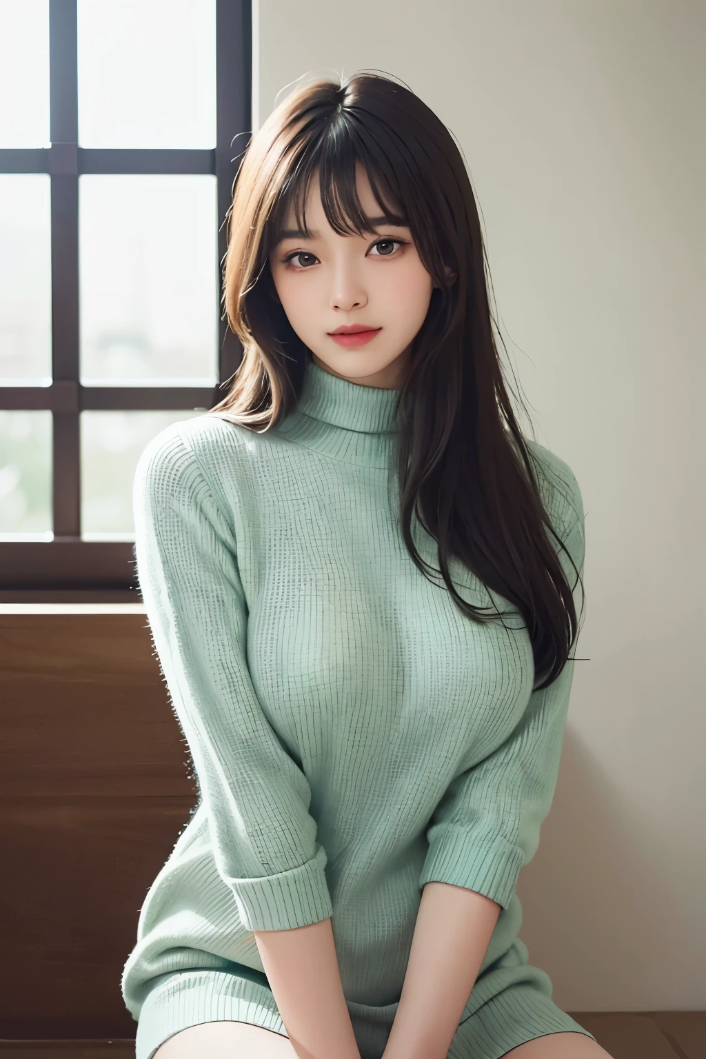 masterpiece、The highest image quality、hightquality、Beautuful Women、japanes、Popular Korean Makeup、detaileds、Swollen eyes、detailedsな目、detailedsな皮膚、Beautiful skins、超hight resolution、(现实:1.4)、very extremely beautiful、Slightly younger face、Beautiful skins、Thin、(A hyper-realistic)、(illustratio)、(hight resolution)、(8K)、(非常にdetaileds)(The best illustrationeautifully detailed eyes)、(超detaileds)、(wall-)、(detaileds顔)、ビューアのdetailedsを見る、 detailedsな顔、pureerosfaceace_v1、A smile、Looking straight ahead、Looks straight from the waist up、photos realistic、Bright lighting、profetional lighting、A dark-haired(Part of the hair is green)、length hair、black turtleneck sweater dress、fishnet tights、a matural female、long stylish bangs、