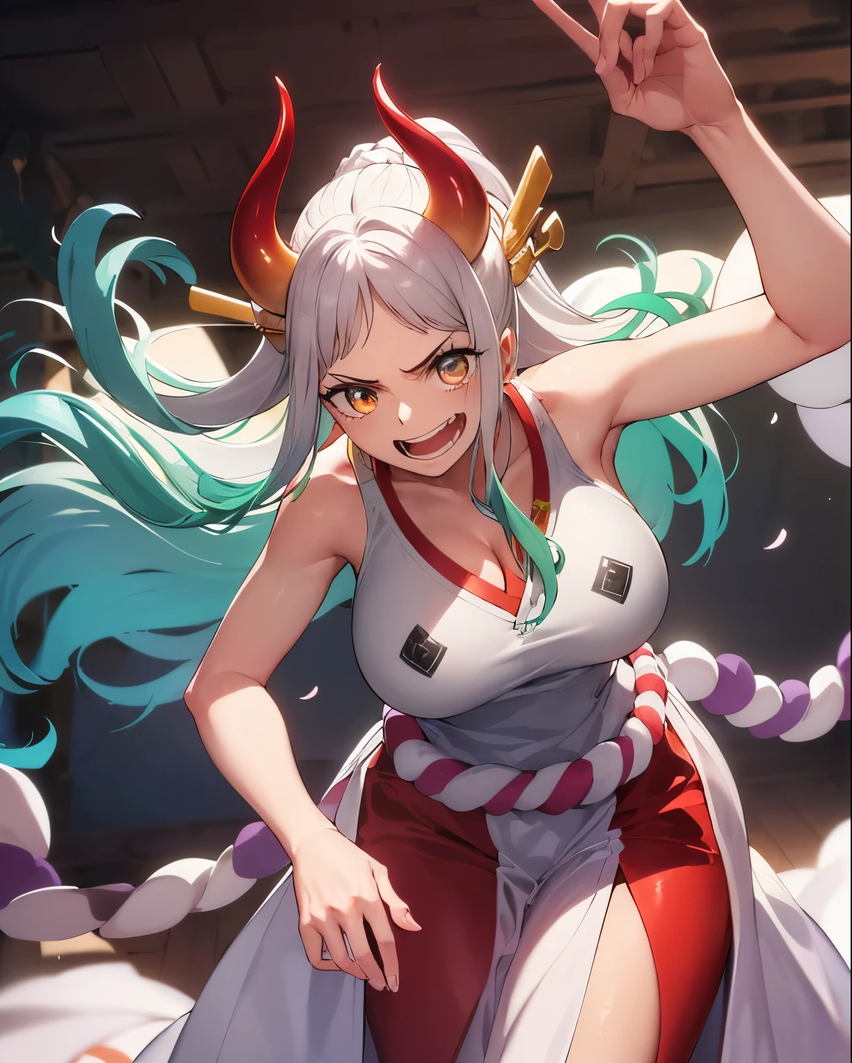 masuter piece, Best Quality, 超A high resolution, top-quality, Anime style, Best Lighting, Beautiful face, onepiece, Yamato, (1girll:1.3), Red eyes, white and green gradation hair, Longhaire, poneyTail, Witch costume, sleeveless, no sleeves, red hakama, big rope on the back, The best smile, Opens mouth and laughs, huge tit, Transverse breasts, red and yellow horns, Clear eyes, Crisp face, carry a metal rod, Unity 8k壁纸, (Beautiful detailed eyes:1.4), extra detailed face, Perfect Lighting, (Perfect hands, Perfect Anatomy)