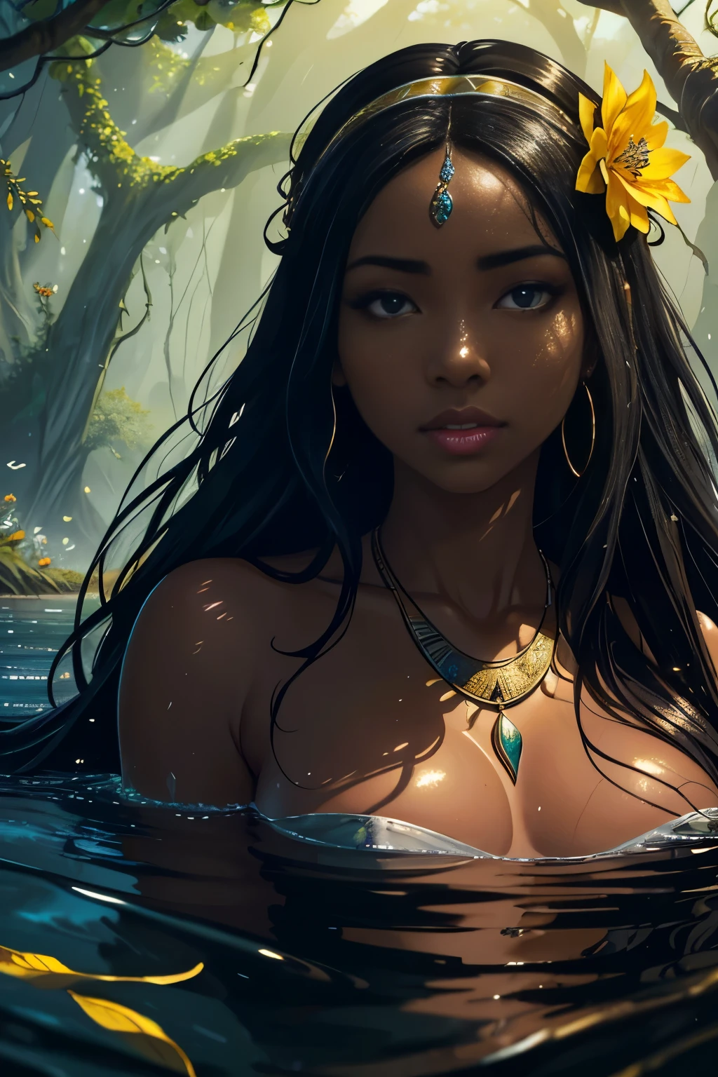 highres,ultra-detailed,professional painting,portrait,exquisite woman,beautiful detailed eyes,beautiful detailed lips,long flowing hair,sereneRealistic painting of an image of , (a view from below that shows a river black african american godess head out of water in the river and in the background the magical forest), ((black african american goddess 1.2)), black skin, has a tied black hair and yellow eyeacklight: 1.2), (water: 0.9), ), flower, scales, feathers, necklace of teeth, , lens reflection, shadow, flower, photography and surrealism, masterpiece, high quality, ultra-detailed, bright lighting, atmospheric, seductive, frightening, (solo: 1.2), flower hairband