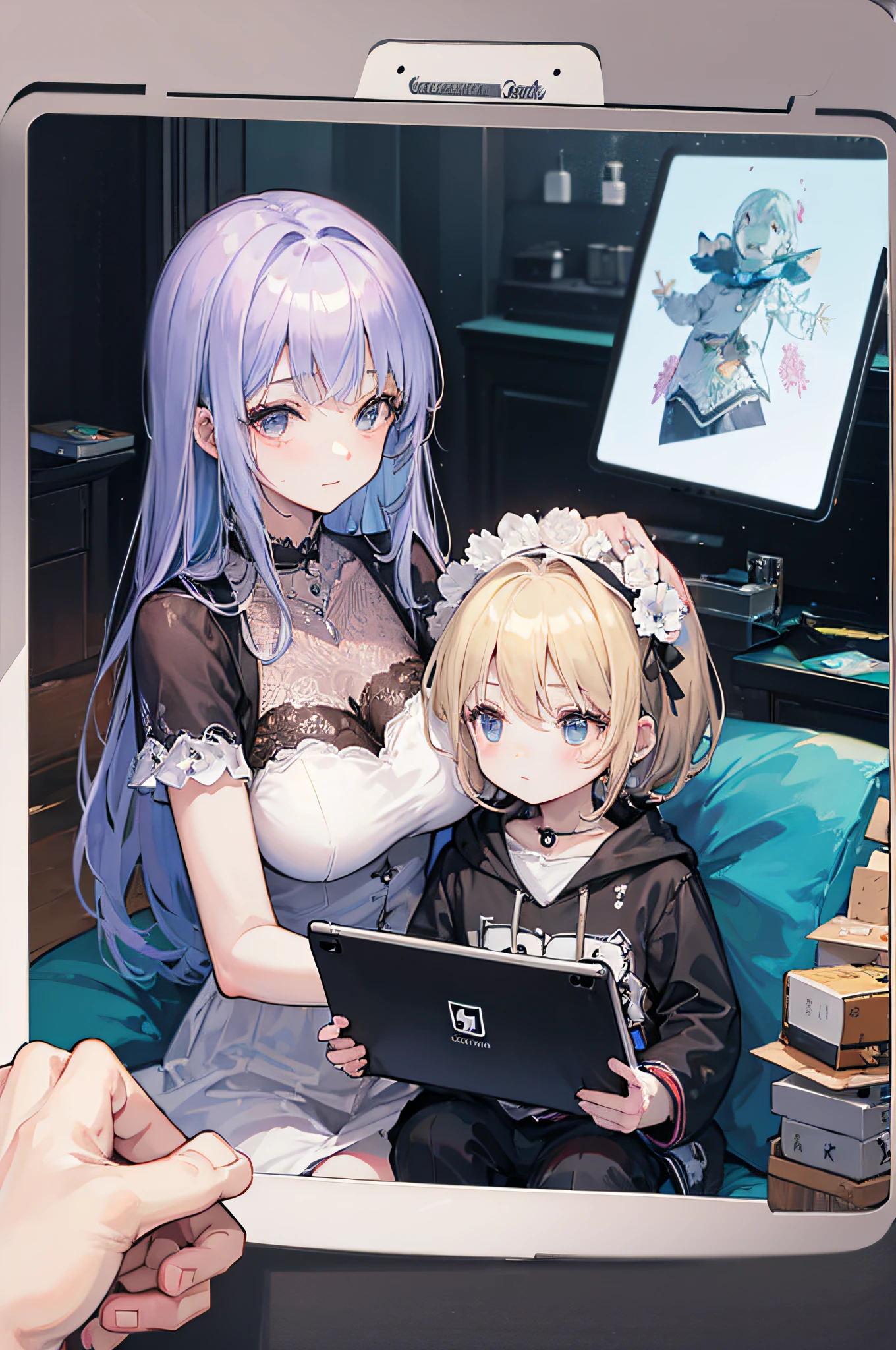 (Grandma and child with tablet:1.5).personal computers.cell phone