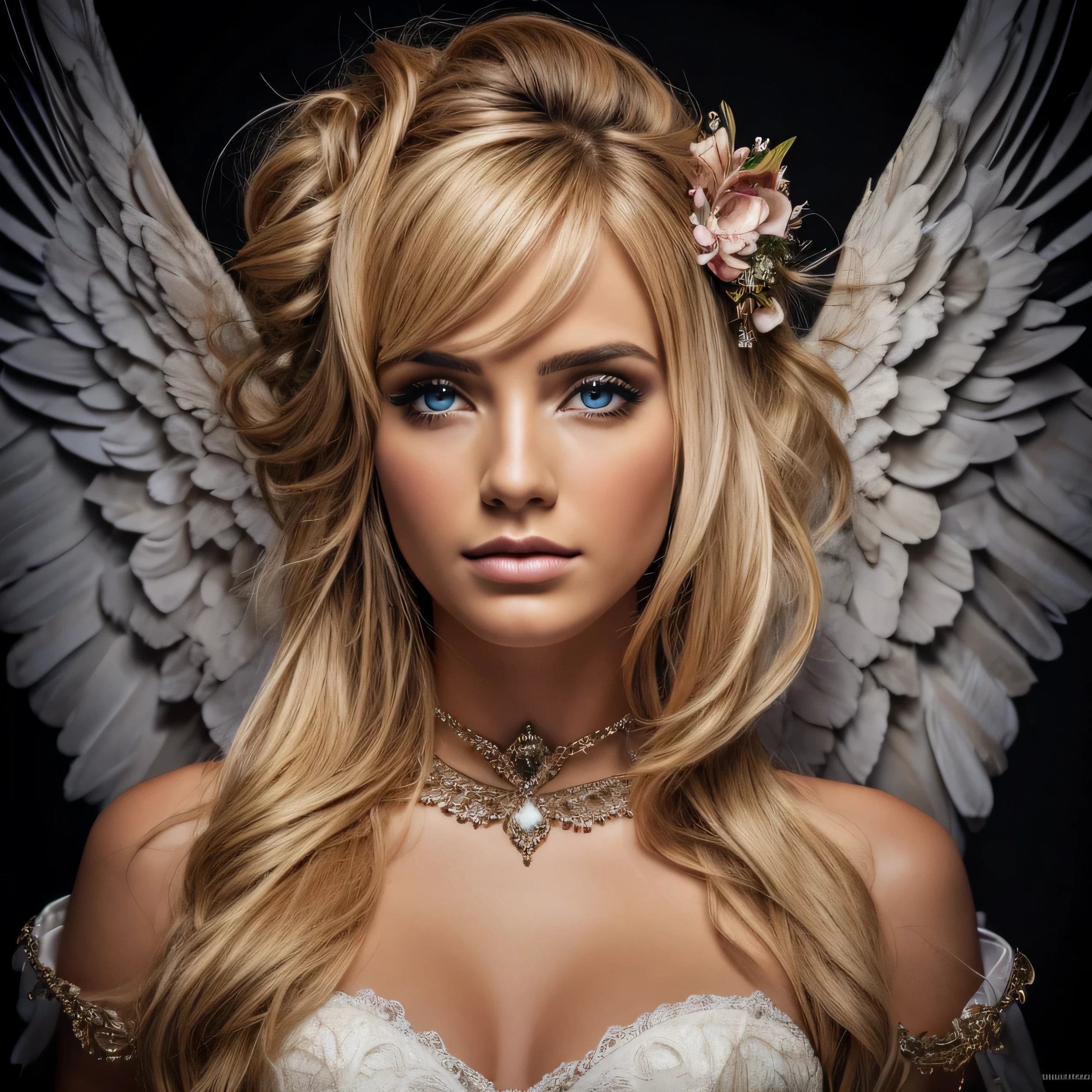 8k, Detalhes altos, high resolution, maximum quality, High Definition RAW color photos, fotografia profissional, Fallen Cosmic Angel, anjo bonito, with tears and blood on your face, com asas grandes, dois olhos brilhantes muito vermelhos, estranho, assustador