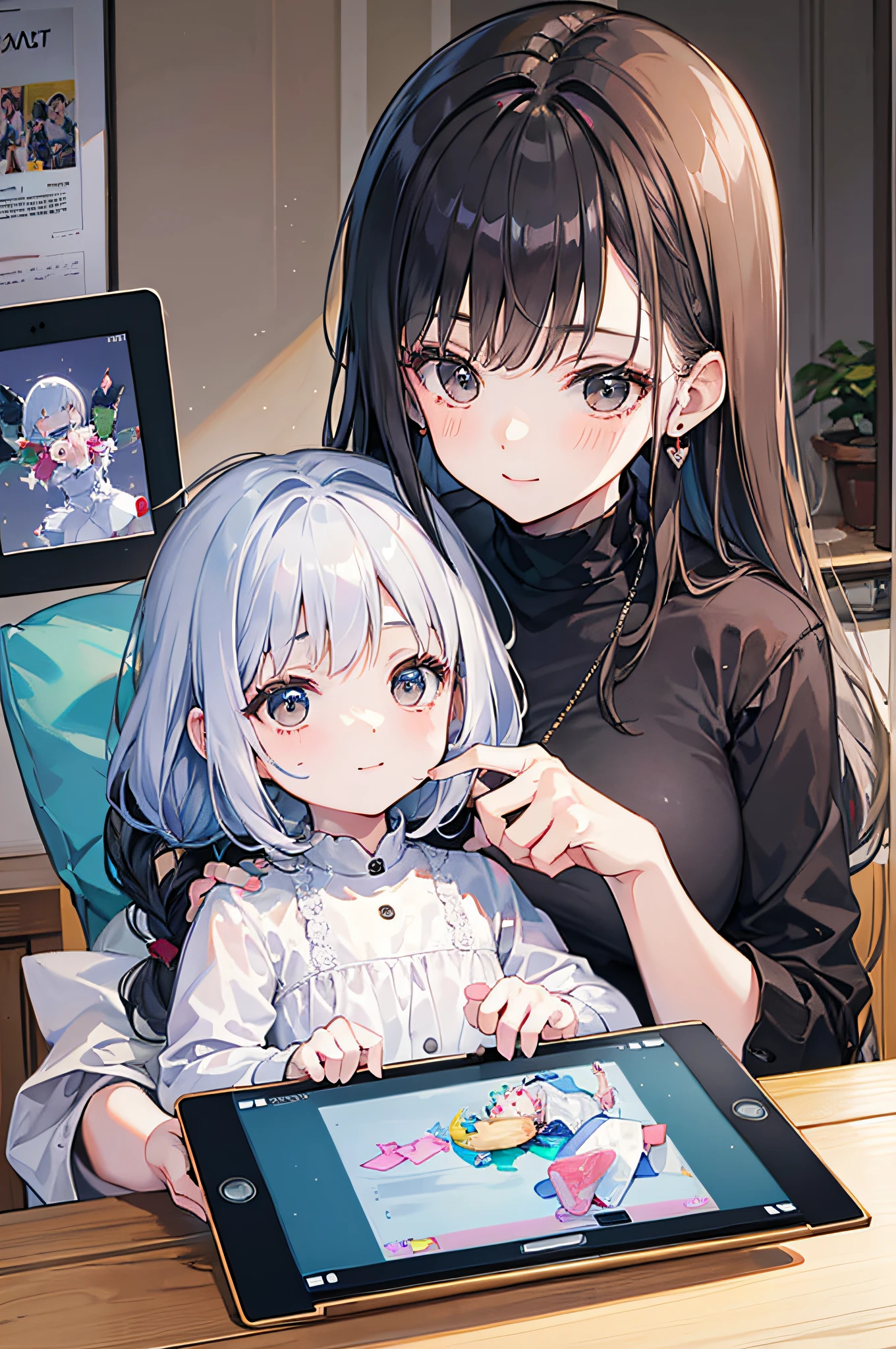 (Grandma and child with tablet:1.5).personal computers.cell phone. Heartful atmosphere.Smile