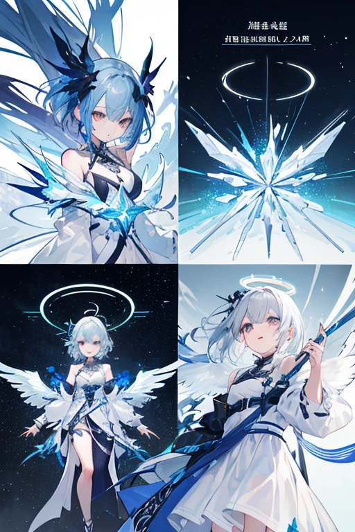 Ark of tomorrow style,(tmasterpiece:1.4,Best quality))++,(hyper-detailing)+,(Best quality,hyper-detailing,vibrant with colors,rich colourful,dyna角度,hight contrast:1.2),(tmasterpiece,Best quality,style of anime,a sense of atmosphere,higher detailed,cg render,Standing painting,ray traycinodern day,sci-fy,Divine top light),A boy,Height about 171cm,holographic projections,white colors头发,Short gray hair,Blue pupil,white colors连帽外套,手上有一把black in color的铳枪(Blue accents,high qulity,hyper-detailing),蓝黑white colors靴子,minor,,The overall color is:white colors,in different shades of blue,black in color ,There is a square light blue halo on the head,There are icy blue fragment-shaped wings on the back.,天使但是modern day版,Smooth floor, crystalackground with是星空),Draw the whole body,delicated face,exquisite facial featurerom below:0.5), Fashionab, with dynamism, garments, posing on a, frontage, rich colourful, dyna, Background with, element in, self-assured, Expressing the, statement, fittings, A majestic, coil, Runt, Scenes, Cover of a, boldness, attention-grabbing, Fashionab, typeface, Catchy, attention-grabbinodern day, Fashionab, focal, Fashionab