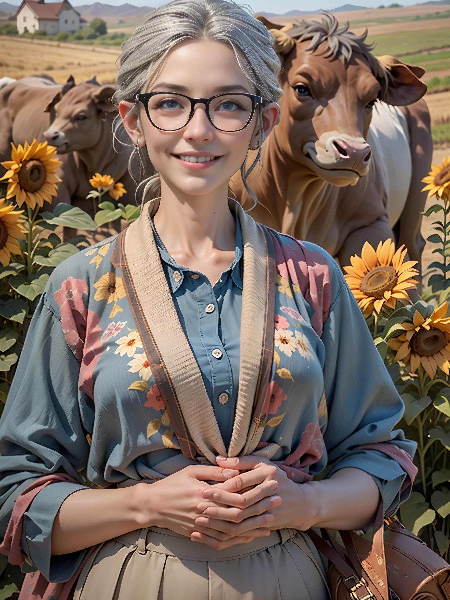 Sculpture design, Figure, (base). female people, caucasian, elderly, 65-years-old, (with ash grey hair tied back, blue eyes, wearing wire-frame glasses), wearing tweed skirt and loose linen shirt, smiling, with a brown cow, corn field behind her, farm, sunflowers, bees, Systemic vision,semi transparent,A high resolution,32K,best qualtiy,hyper HD, dunhuang_background