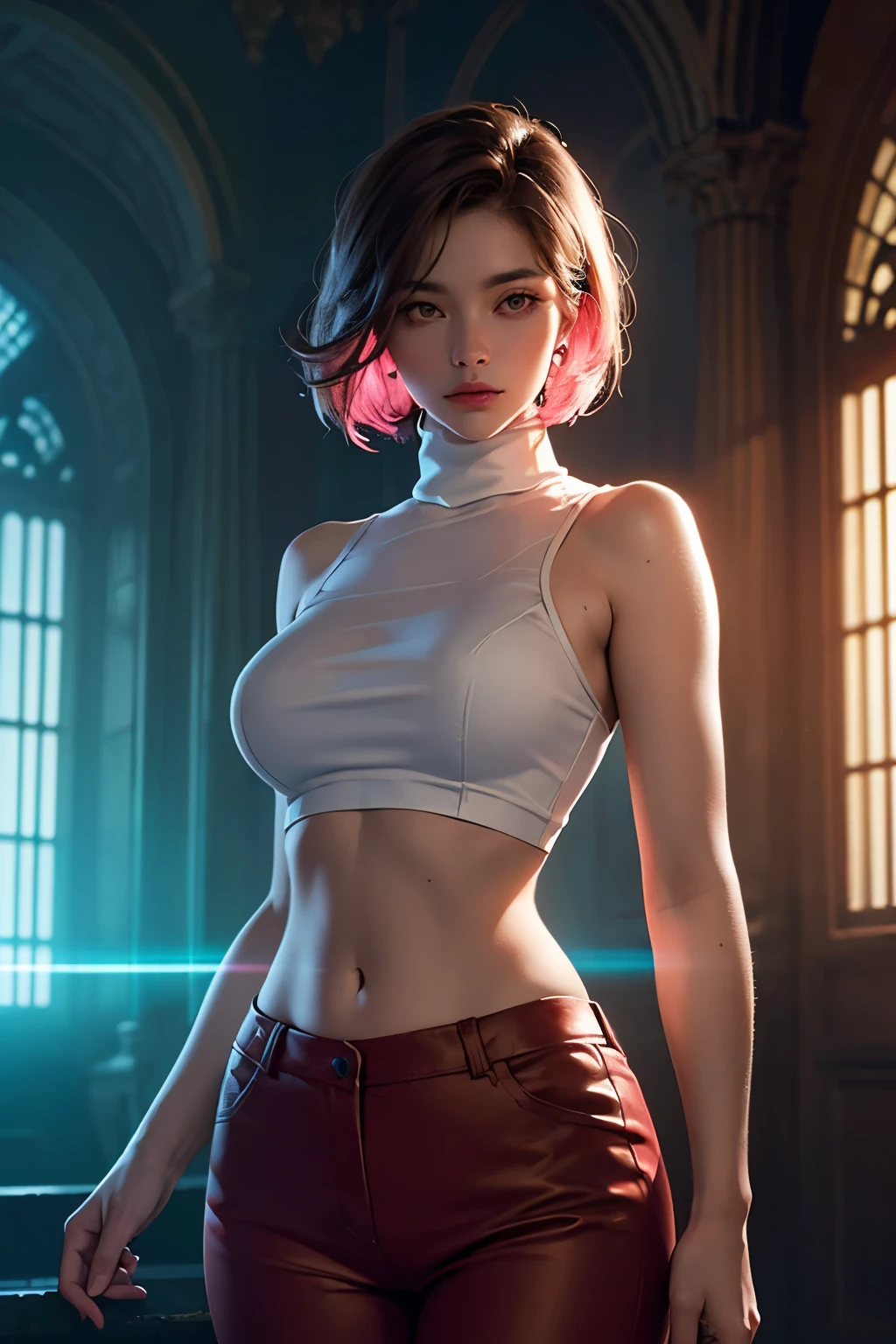 enigmatic atmosphere, atmospheric, ethereal quality,realistic,beautiful and aesthetic,
solo,groin,Pink turtleneck, brown pants,(nsfw:0.85),
Democracy,
power station,
(Glowing ambiance, enchanting radiance, luminous lighting, ethereal atmosphere, mesmerizing glow, evocative hues, captivating coloration, dramatic lighting, enchanting aura),