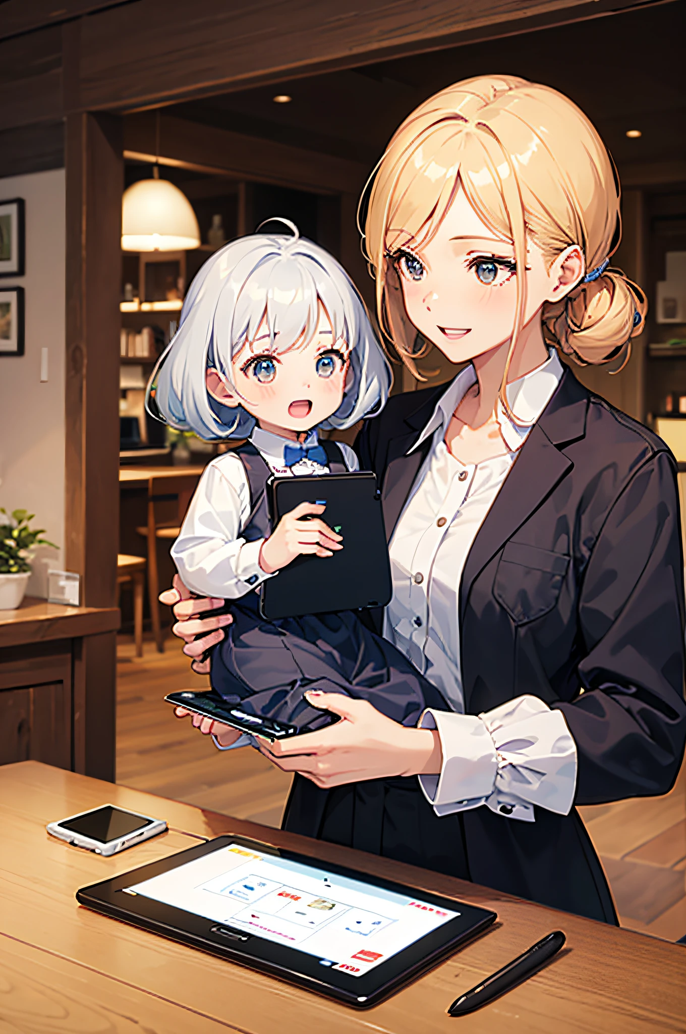 (Grandma and child with tablet:1.5).personal computers.cell phone. Heartful atmosphere.Bright and cheerful smile