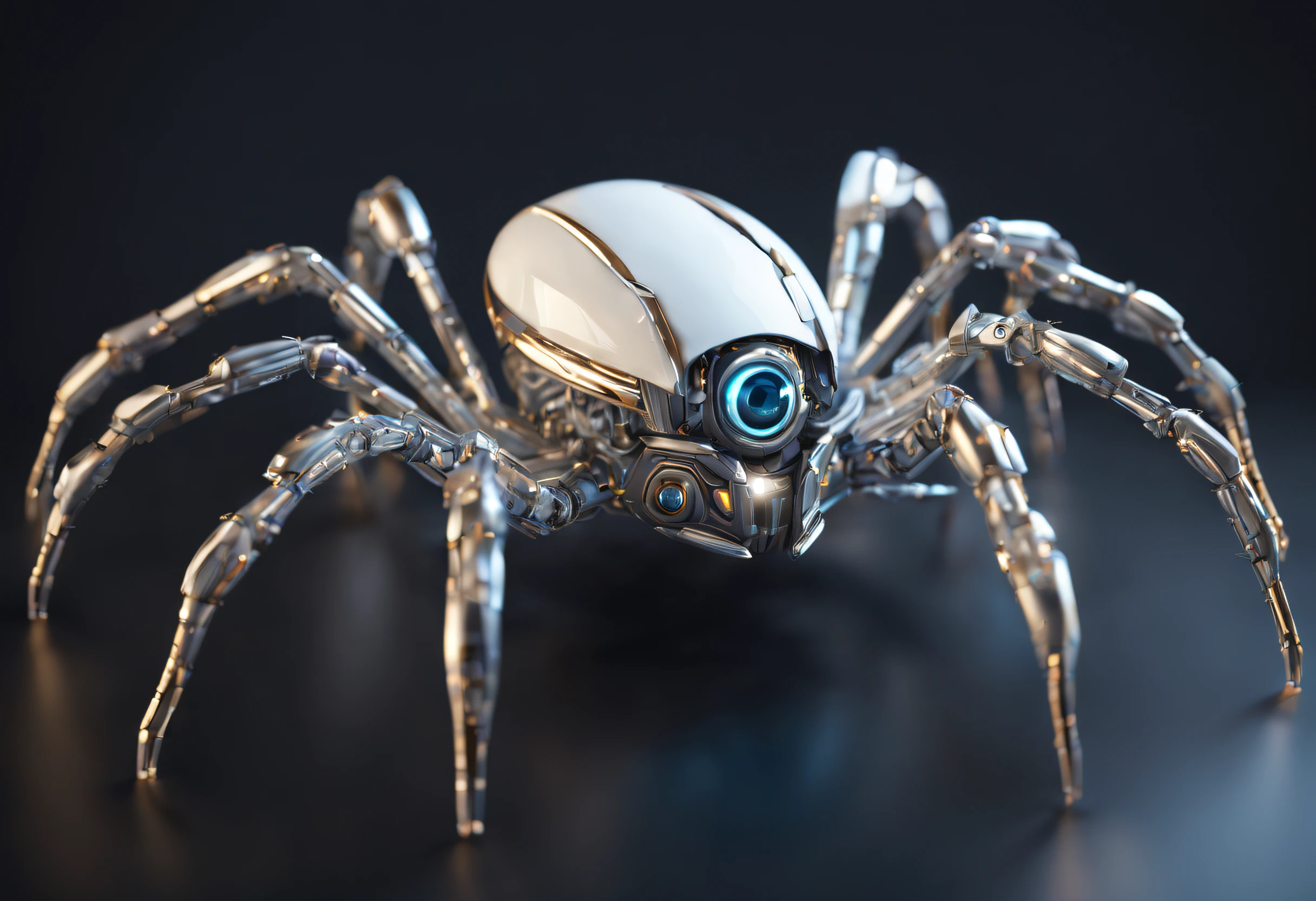 Stunning and futuristic white metallic robotic spider with big glowing eyes, and chelicerae.a aranha tem um elegante, carroceria brilhante, aerodynamic design, with intrincado details and texture visible on its body, the bottom is filled with small, luzes cintilantes, creating a sense of movement and dynamism around the bee, perfect features, Cyberpunk, Complex 3D Rendering, Motor irreal, arte digital, altamente detalhado, intrincado, foco nítido, na sede da artstation, Motor irreal 5, Imagem UHD, HDR,8k